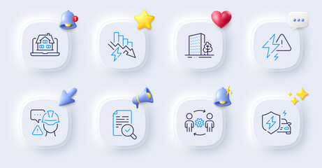 Inspect, Lightning bolt and Builder warning line icons. Buttons with 3d bell, chat speech, cursor. Pack of Buildings, Car charging, Realtor icon. Saving electricity, Engineering team pictogram. Vector