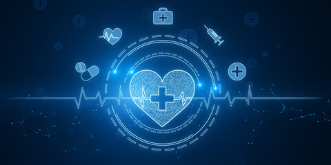 Creative glowing bright medical heart interface on blurry blue background. Innovation and cardiology concept. 3D Rendering.