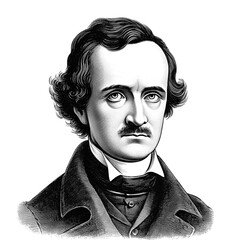 Black and white vintage engraving, headshot portrait of Edgar Allen Poe, facing camera, white background, greyscale - Generative AI