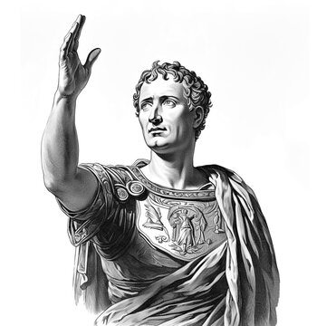 Black and white vintage engraving of a portrait of Roman emperor Julius Caesar, with one raised arm, greyscale - Generative AI