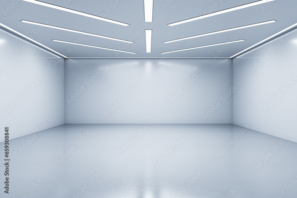 Poster modern exhibition hall interior with empty mock up place on white wall. 3d rendering.