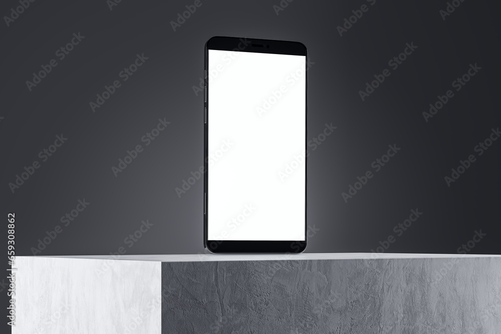 Poster close up of blank white smartphone screen on concrete surface and gray wall background. product pres