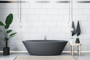 Modern light designer bathroom interior with various decorative items. 3D Rendering.