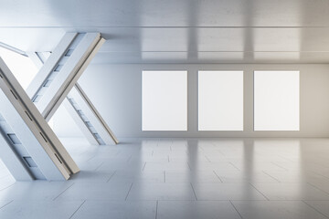 Modern warehouse interior with empty white mock up banners on white wall. 3D Rendering.