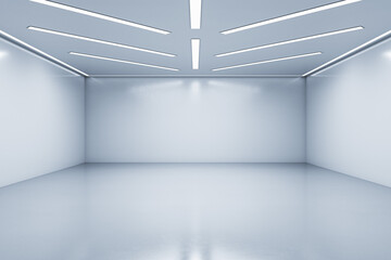 Modern exhibition hall interior with empty mock up place on white wall. 3D Rendering.