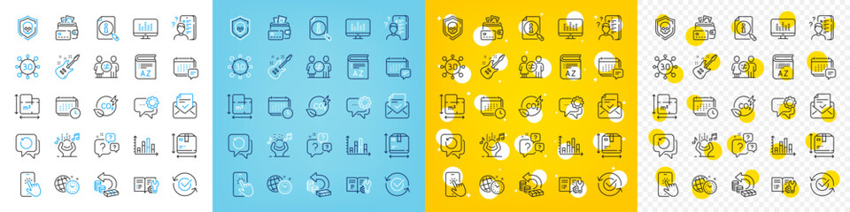 Vector icons set of Approved mail, Diagram graph and Vocabulary line icons pack for web with Music making, Search, Question bubbles outline icon. Approved, Noise, Cyber attack pictogram. Vector
