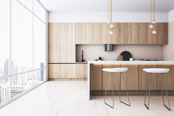 Contemporary wooden kitchen interior with furniture and panoramic window with city view and daylight. 3D Rendering.