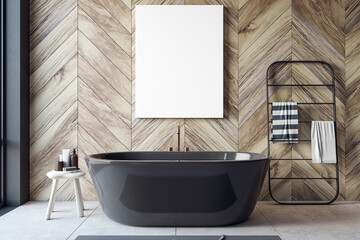 Modern wooden and concrete bathroom interior with blank white mock up banner and various items....
