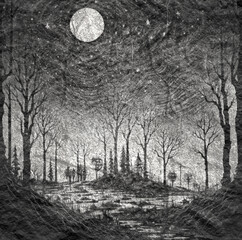 Path in an enchanted fairy forest landscape. Halloween theme background. Grunge concrete texture
