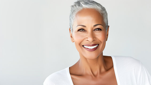 Beautiful gorgeous african american 50s mid age beautiful elderly senior model woman with grey hair laughing and smiling. Skin care beauty, skincare cosmetics, advertising concept.
