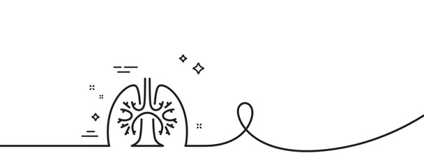 Lungs line icon. Continuous one line with curl. Pneumonia disease sign. Respiratory distress symbol. Lungs single outline ribbon. Loop curve pattern. Vector