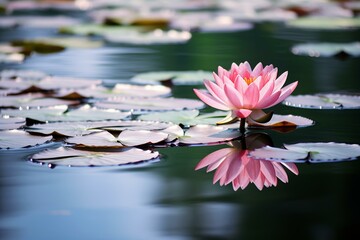 Pink lily amidst serene waters. Generative AI