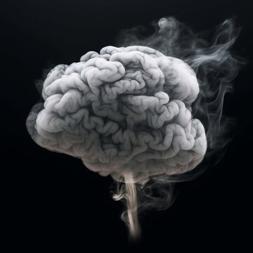 Gray smoke in the form of a human brain, on a dark background