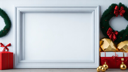 Fototapeta premium 3D render of a white frame with christmas ornaments and gift boxes.