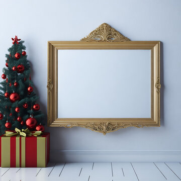 Christmas tree with decorations in classic interior with empty frame. 3d render.