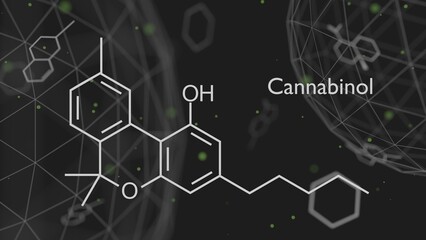 Cannabinol or CBN molecular structural chemical formula. Futuristic science backdrop. Pharmacology concept. 3D render.