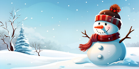 Cartoon Illustration of a cute snow man with red hat and scarf, snow winter background