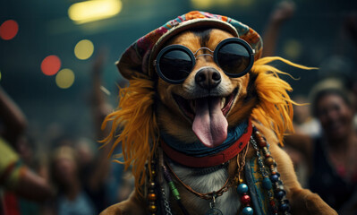 A merry party dog, dressed in vibrant carnival attire, enjoys a city street festivity. 