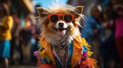 A comical city dog, sporting flamboyant carnival clothing and fashionable shades, mingles with the crowd on the streets during a festive event.
 - obrazy, fototapety, plakaty
