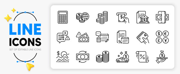 Cash transit, World money and Check investment line icons set for app include Currency, Bank document, Atm service outline thin icon. Coins, Binary code, Fraud pictogram icon. Wallet. Vector