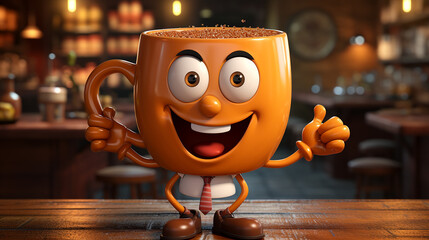 Fototapeta na wymiar Coffee with a happy cartoon cup