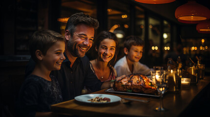 Lonely Dad with these Children in front of a table with a roasted Poultry for Thanksgiving - AI generated - obrazy, fototapety, plakaty