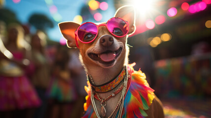 A jovial party dog, adorned in bright carnival clothes and fashionable shades, revels in the city's street festivities during a vibrant celebration. 