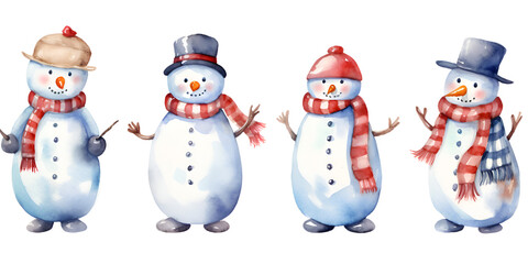 Watercolor set of cute snow mans with hats and scarf, on white background