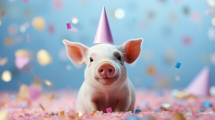 In a serene pastel blue setting, a merry pig revels in the joy of its birthday, embellished with balloons and a confetti shower.