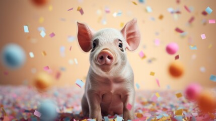 This card features an adorable pink pig at its heart, bathed in a vibrant shower of colorful confetti, creating an ambiance of celebration and festivity. An excellent choice for a cover or background. - obrazy, fototapety, plakaty