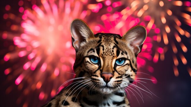 A mesmerizing portrait capturing the elegance of a Margay cat set against a backdrop of dazzling fireworks.
