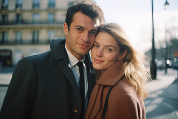 Young beautiful romantic couple hugging  smile and walk on the streets of Paris, look at the camera