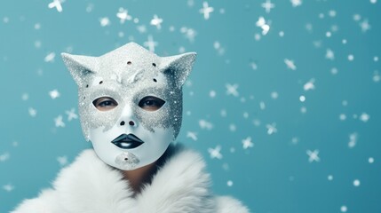 A young lady, elegantly adorned in a pristine cat carnival mask and a luscious white fur coat, stands poised against a serene blue backdrop as delicate snowflakes gently cascade around her.