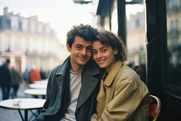 Young beautiful romantic couple hugging  smile and walk on the streets of Paris, look at the camera