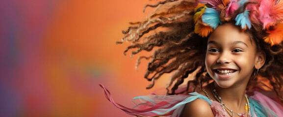 This beautiful African American girl, adorned with stylish dreadlocks and wearing a colorful carnival outfit, radiates joy as she playfully poses for a photo.