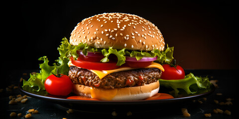 Closeup of a juicy burger with fries it look very delicious big sandwich hamburger with juicy beef burger