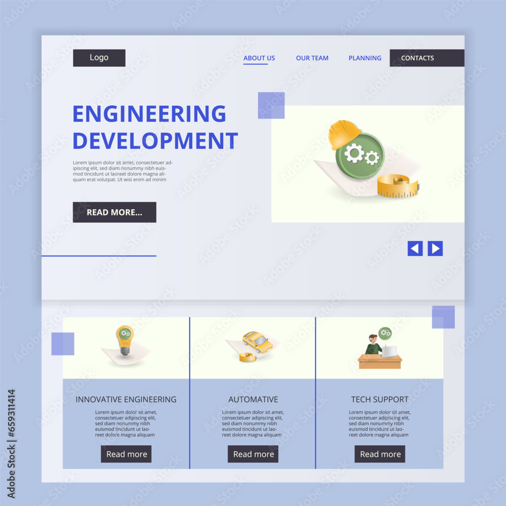 Poster engineering development flat landing page website template. innovative engineering, automative, tech