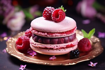 Delicious macaron adorned with berries. Generative AI