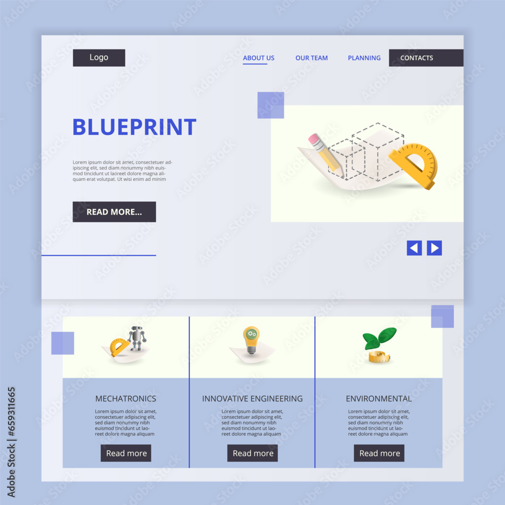 Poster blueprint flat landing page website template. mechatronics, innovative engineering, environmental. w