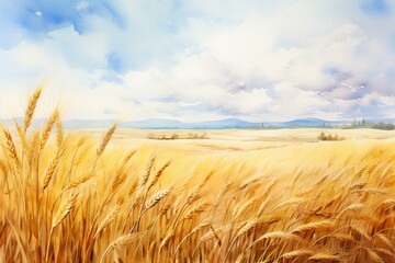 Illustration of a wheat field in watercolors. Generative AI - obrazy, fototapety, plakaty