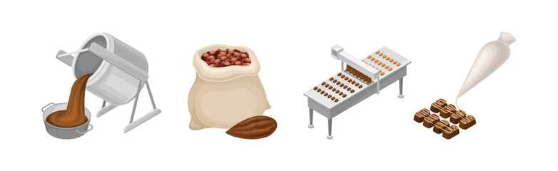 Chocolate Sweets Production and Manufacture Isometric Vector Set - obrazy, fototapety, plakaty