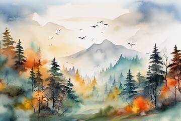 Hand-drawn watercolor painting showing a beautiful landscape with forests, mountains, and birds in the sky. Generative AI