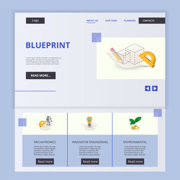 Blueprint flat landing page website template. Mechatronics, innovative engineering, environmental. Web banner with header, content and footer. Vector illustration.