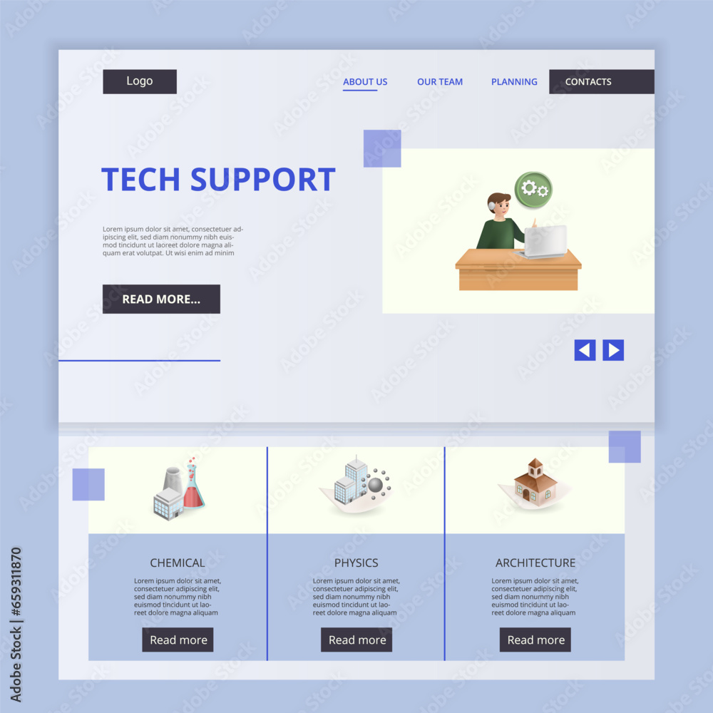 Poster tech support flat landing page website template. chemical, physics, architecture. web banner with he