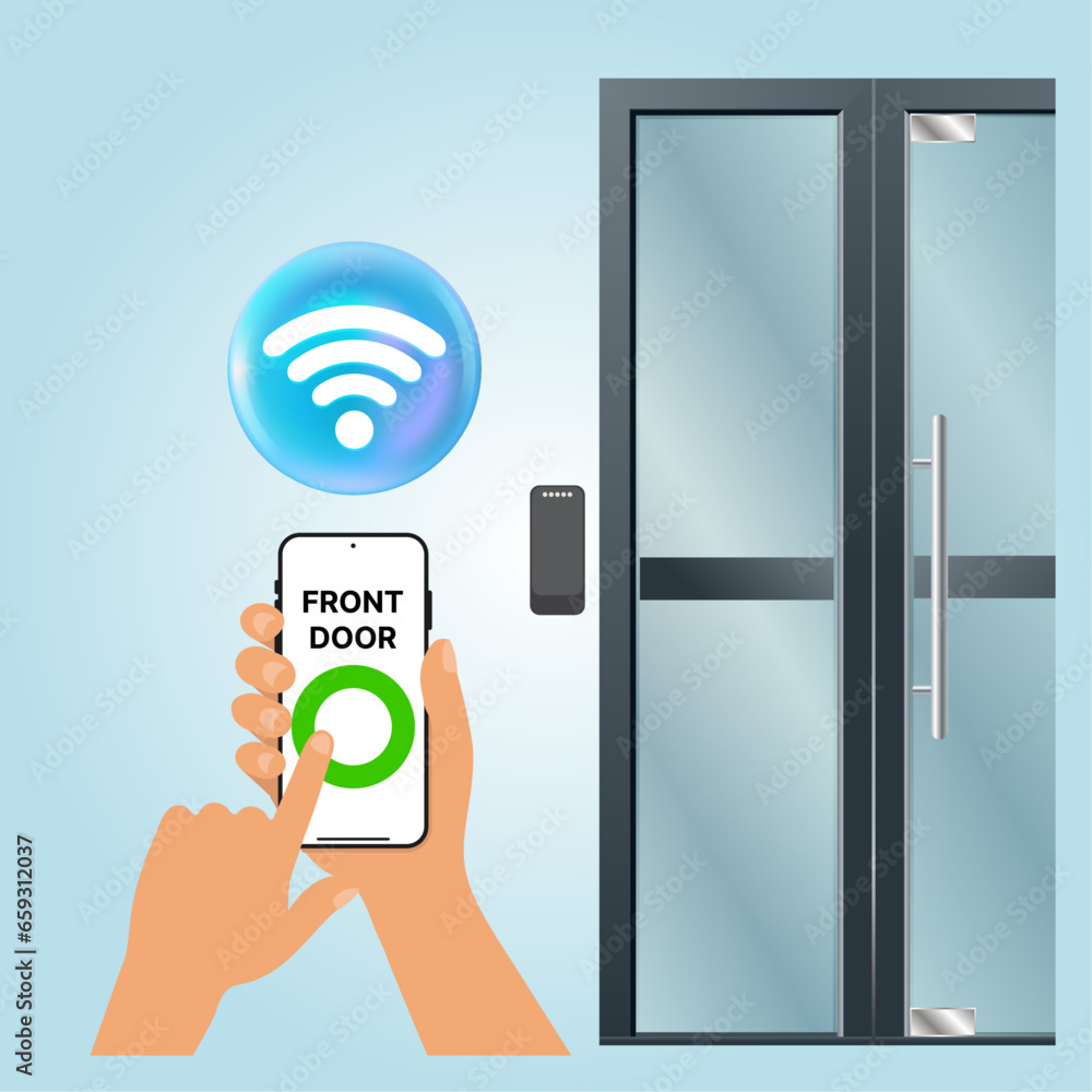 Poster mobile credential and rfid mobile access control solution. present smartphone over card reader, clos