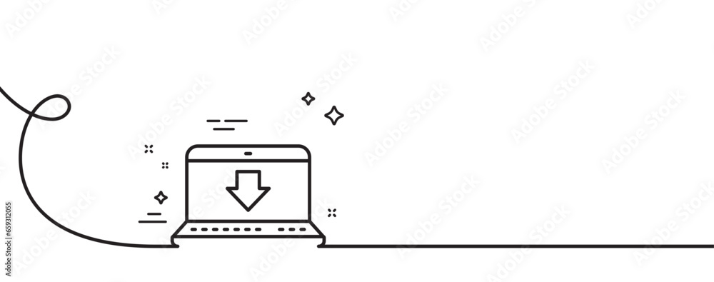 Poster download line icon. continuous one line with curl. internet downloading with laptop sign. load file 