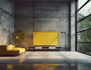 Modern design loft interior. Dark gray walls yellow elements. TV on the wall. Stylish furniture. Forest outside. Screen mockup. Generative AI.