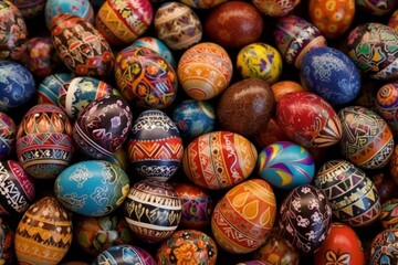 Fototapeta na wymiar vibrant painted Easter eggs - wide view. Generative AI