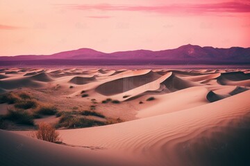 Fototapeta na wymiar Surreal desert with rolling sand dunes and a pink gradient sky at sunrise. Generative AI