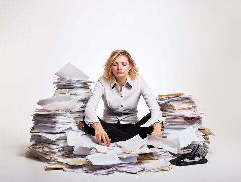 Tired of work and many tasks, a woman sitting. White background. Notes, ideas, tasks, background cards.  Hard work and fatigue.  stack of documents and notes. Generative AI.